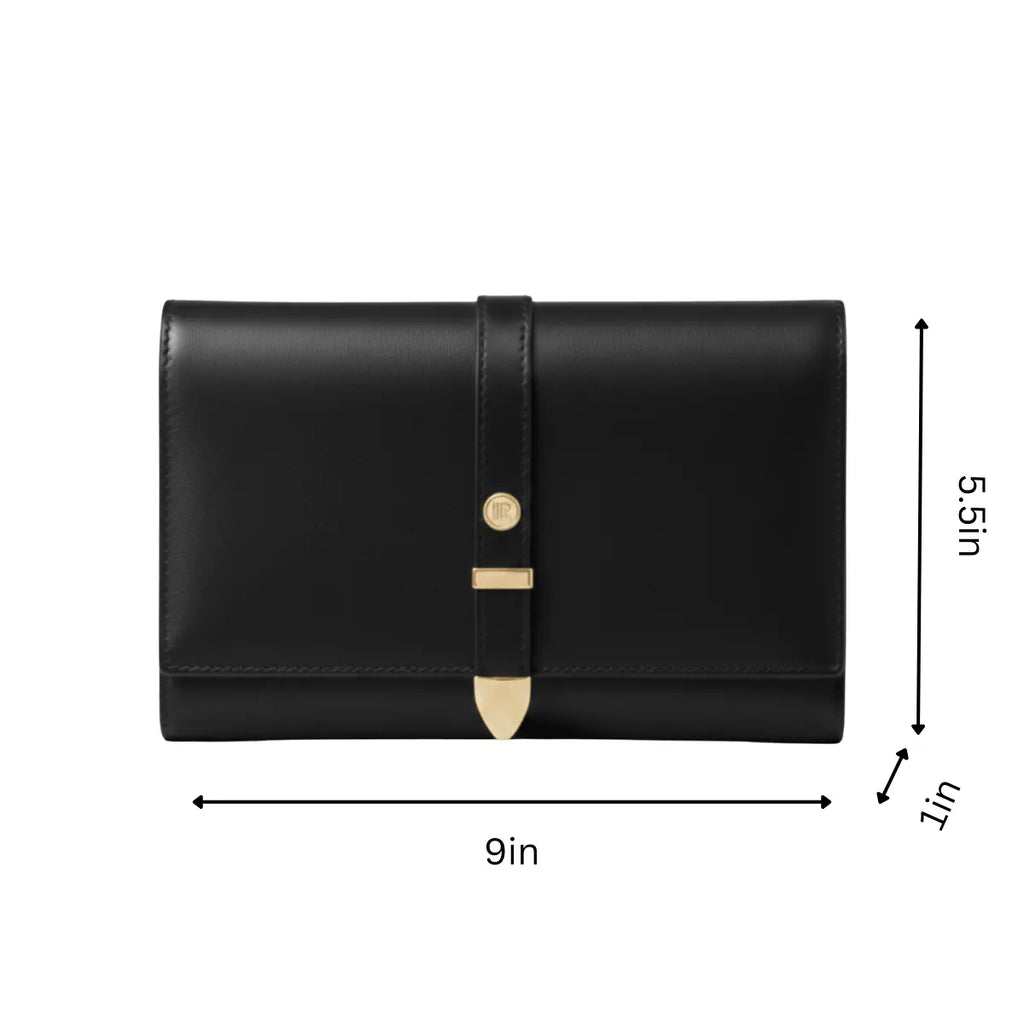 Aspen Black travel wallet with gold-tone clasp and contrast stitching