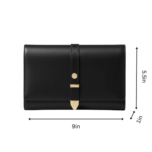 Aspen Black travel wallet with gold-tone clasp and contrast stitching