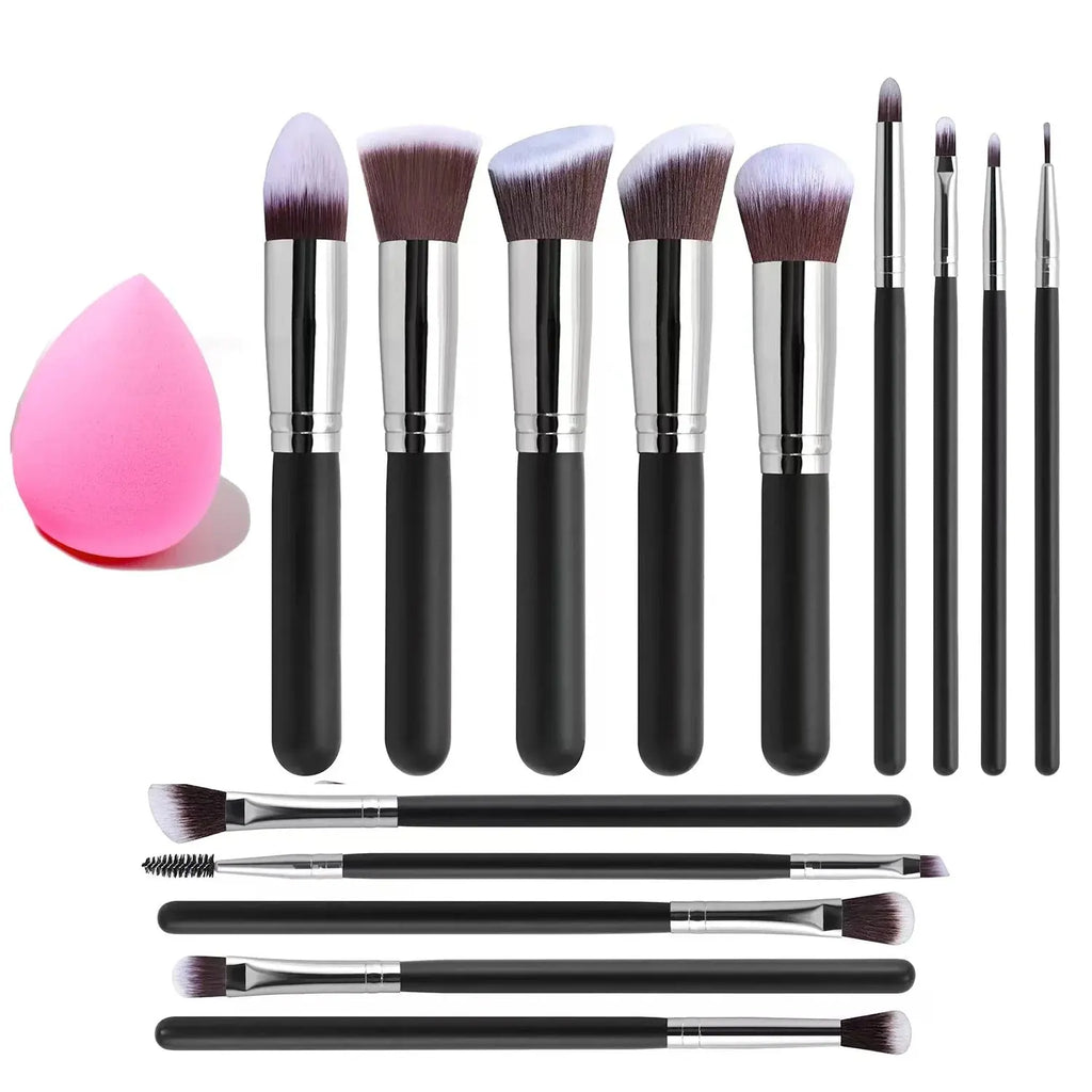 Make-up Pinsel-Set (14-teilig) mit rosa Schwamm, schwarze Griffe und braune Borsten