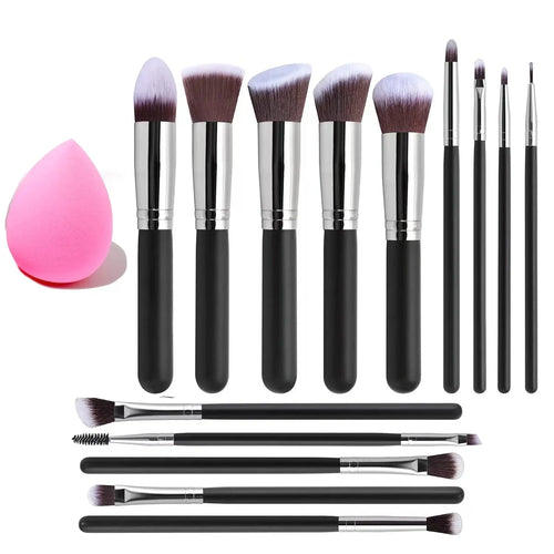 Make-up Pinsel-Set (14-teilig) mit rosa Schwamm, schwarze Griffe und braune Borsten