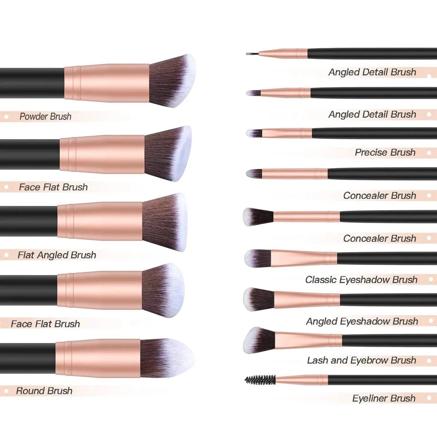 Verschiedene Pinsel mit roségoldfarbenen Griffen: Powder, Face Flat, Concealer & mehr