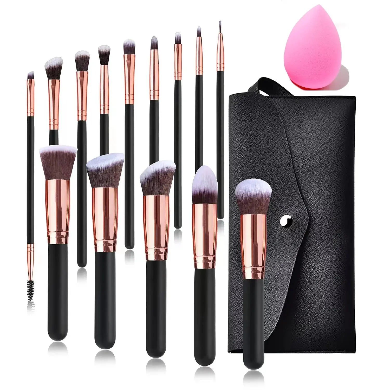 Make-up Pinselset mit roséfarbenen Griffen, schwarzem Etui und pinkem Schwamm