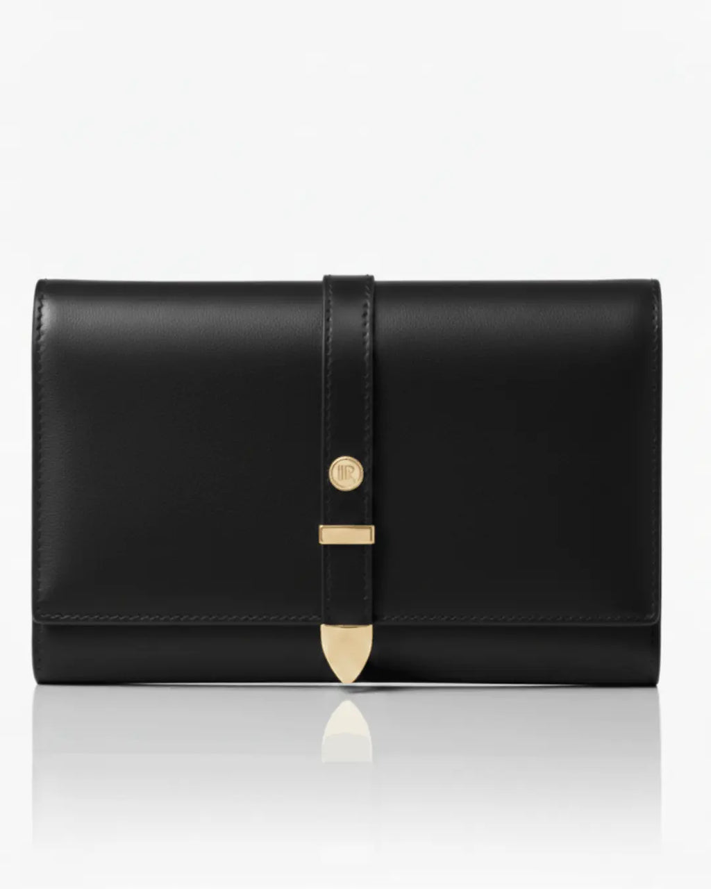 Aspen Black travel wallet close-up, gold-tone clasp and stitched flap