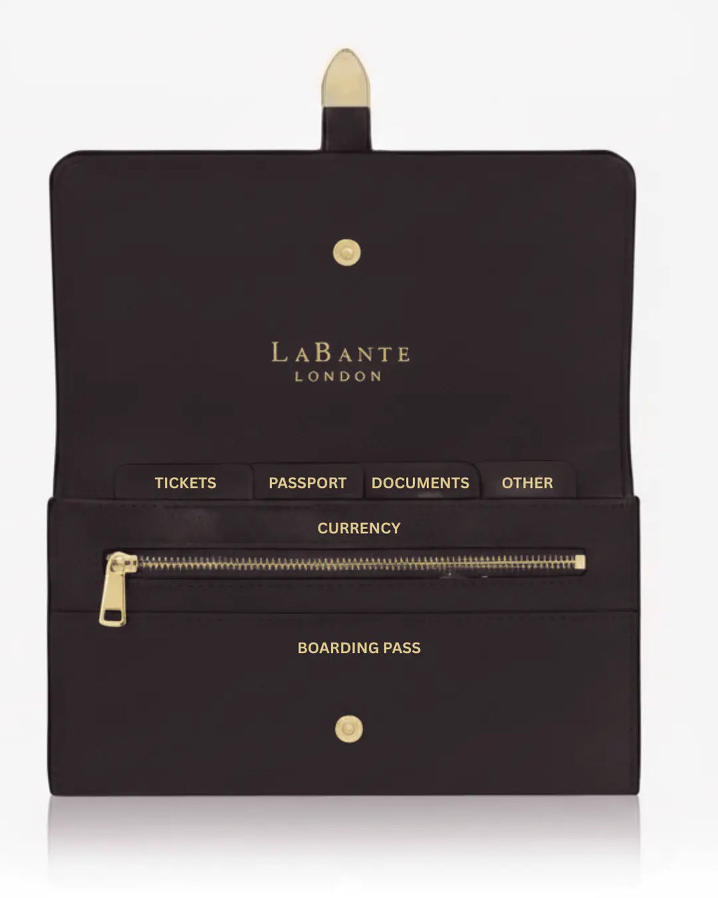 Aspen Black travel wallet interior: tickets, passport tabs, document sections