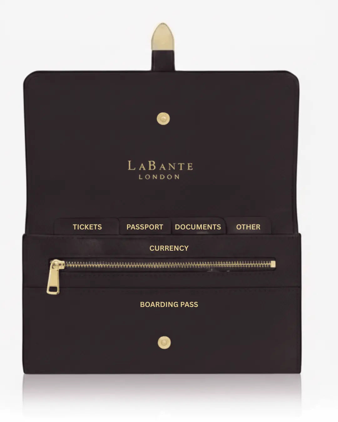 Aspen Black travel wallet interior: tickets, passport tabs, document sections