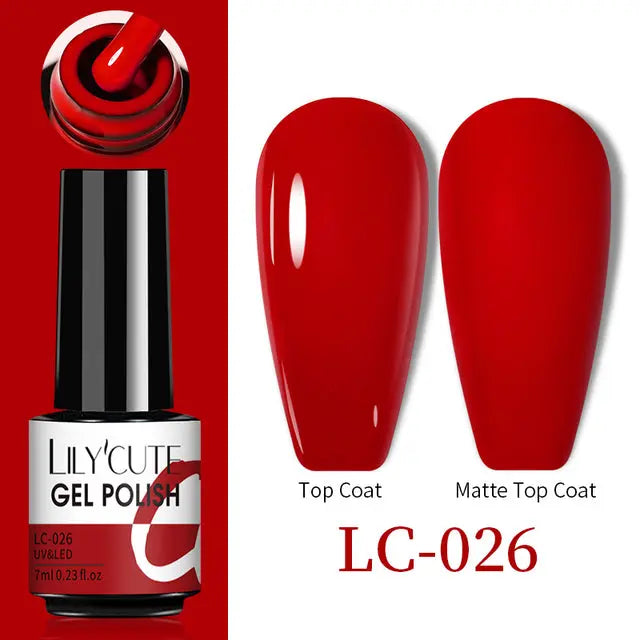 Gel nail polish LC-026: glossy red finish, matte top coat nail swatch