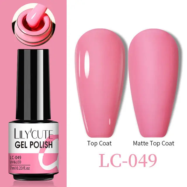 Thermo Gel Nail Polish LC-049: bright pink swatch with Top Coat and Matte Top Coat