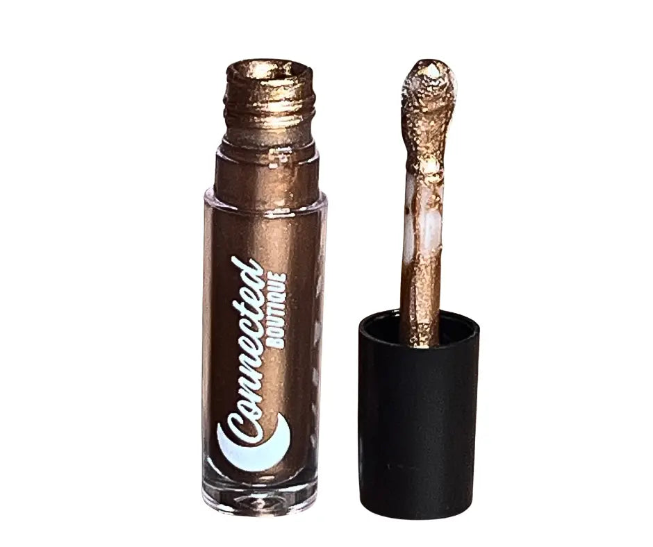 Brown metallic lip gloss with applicator wand extended, bronze-gold shimmer gloss
