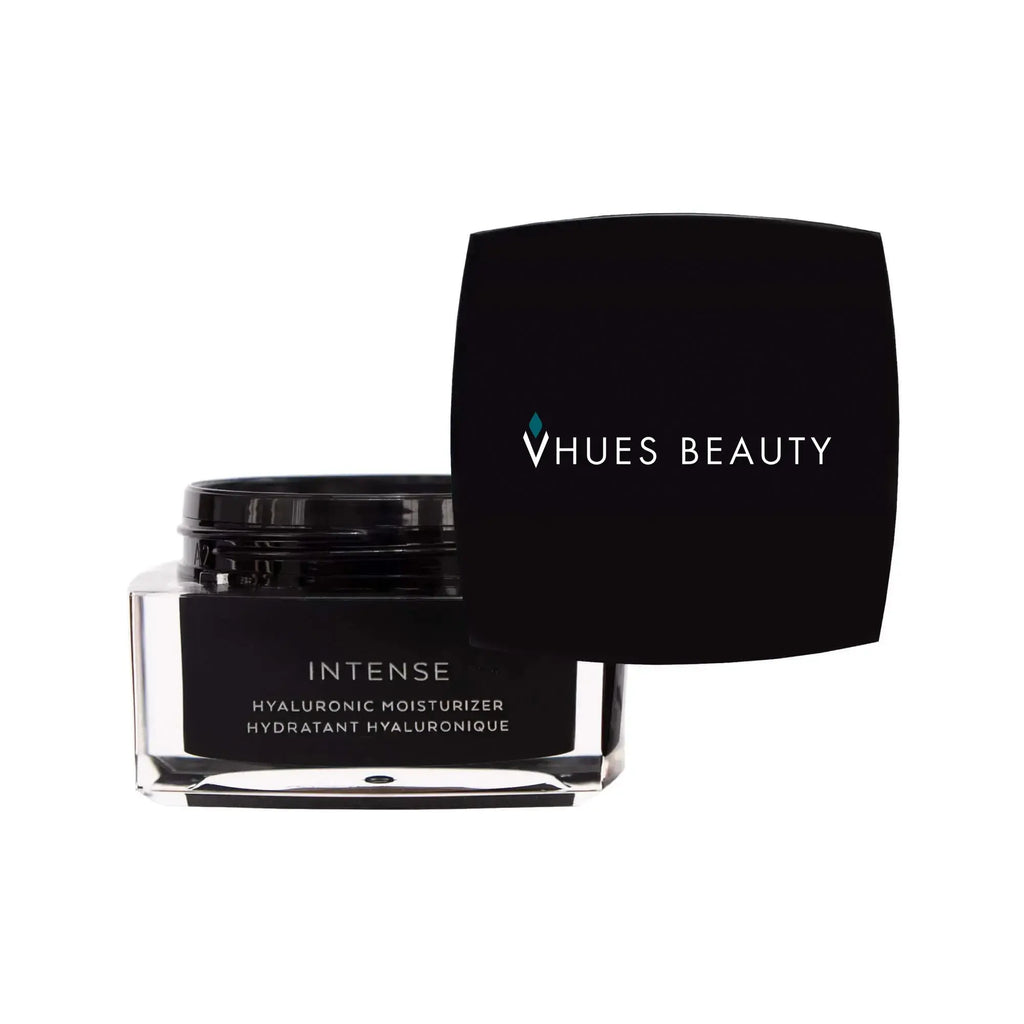 Hyaluronic moisturizing cream jar with black lid and "VHUES BEAUTY" logo