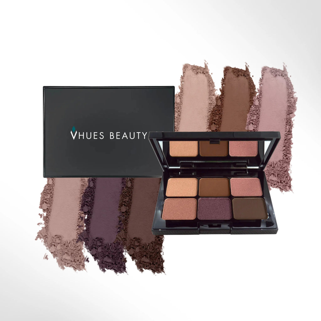 Vegan eyeshadow palette with soft pink, mauve, and deep plum matte & shimmer shades