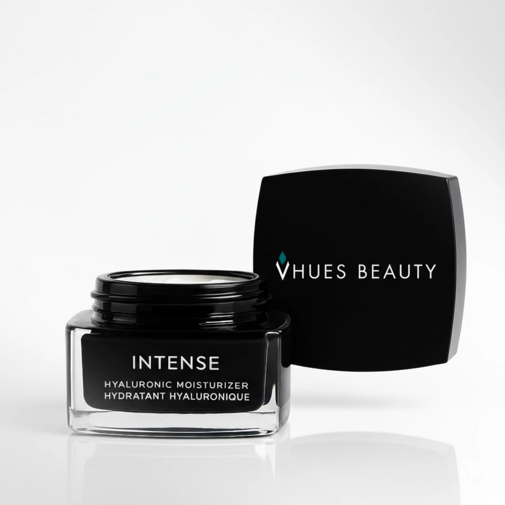 Hyaluronic deep hydration cream jar with black lid, "INTENSE" label