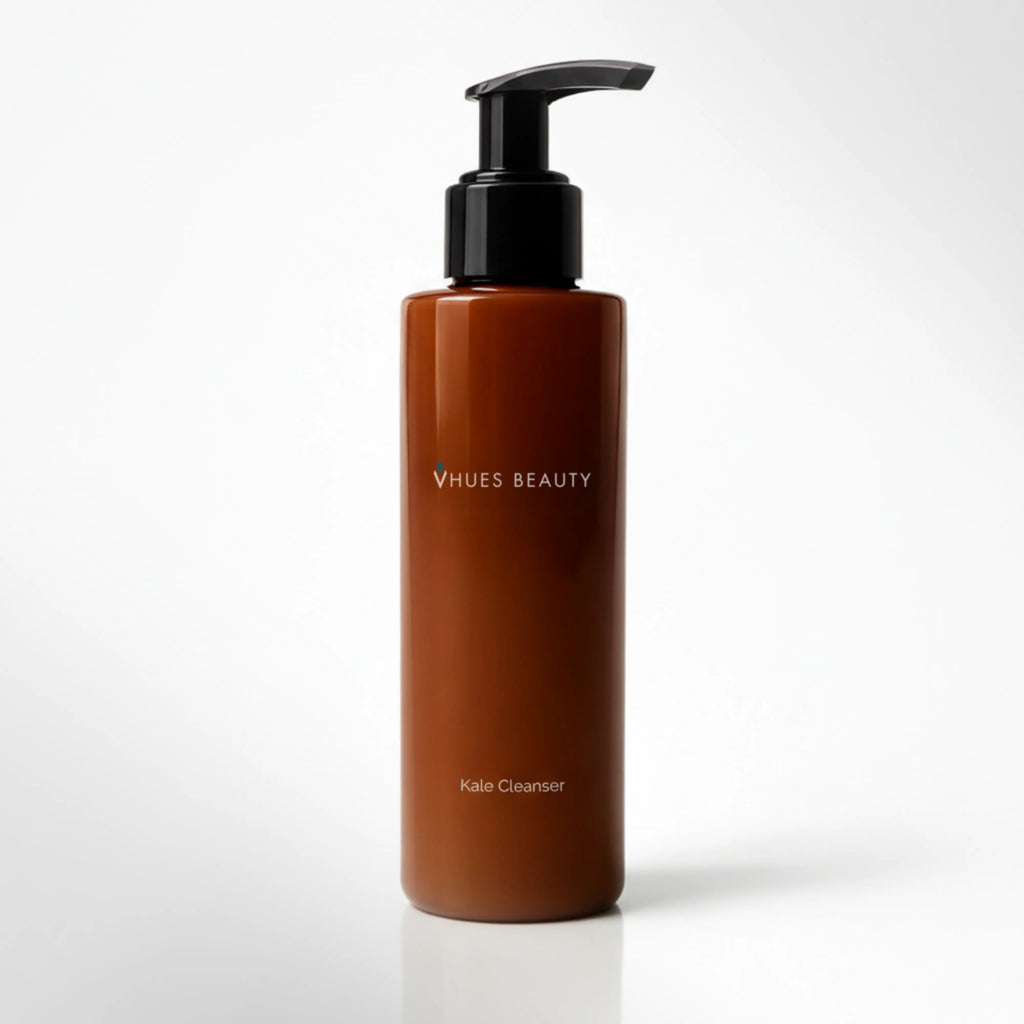 VHUES Beauty Kale Cleanser bottle, black pump on amber front