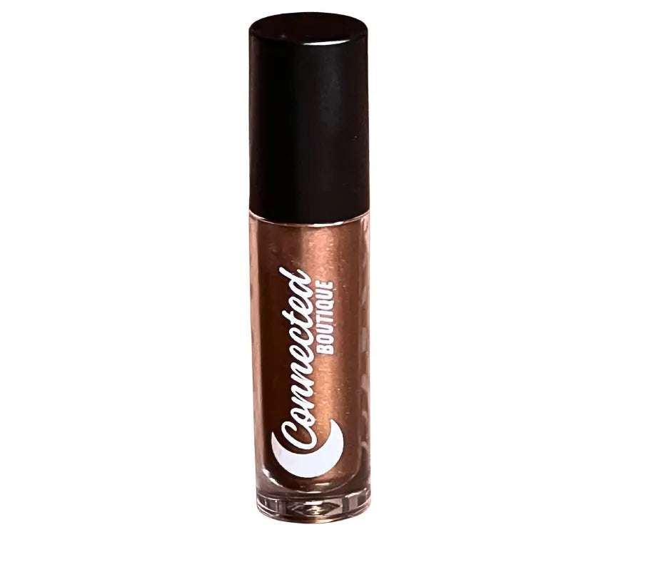 Brown metallic lip gloss tube with dark cap, glossy bronze shimmer finish