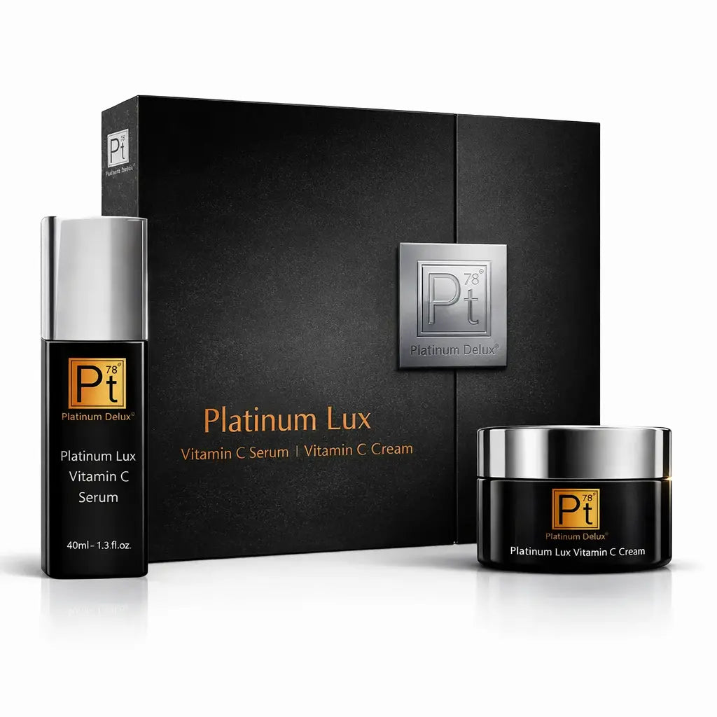 Platinum Lux Vitamin C Serum bottle and Vitamin C Cream jar with Platinum Lux box