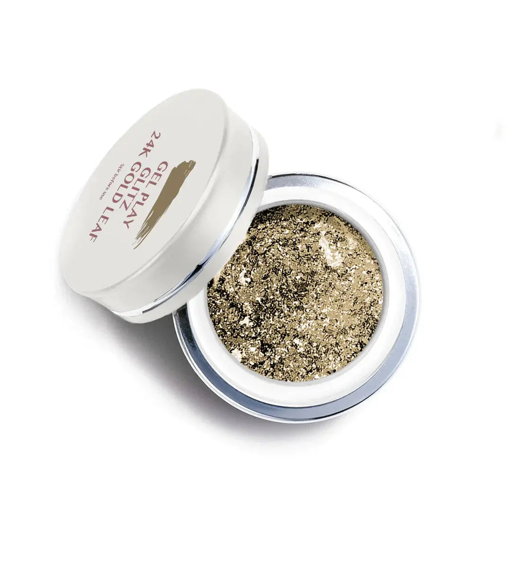 Luxio Gel Play open jar showing 24K gold leaf glitter gel