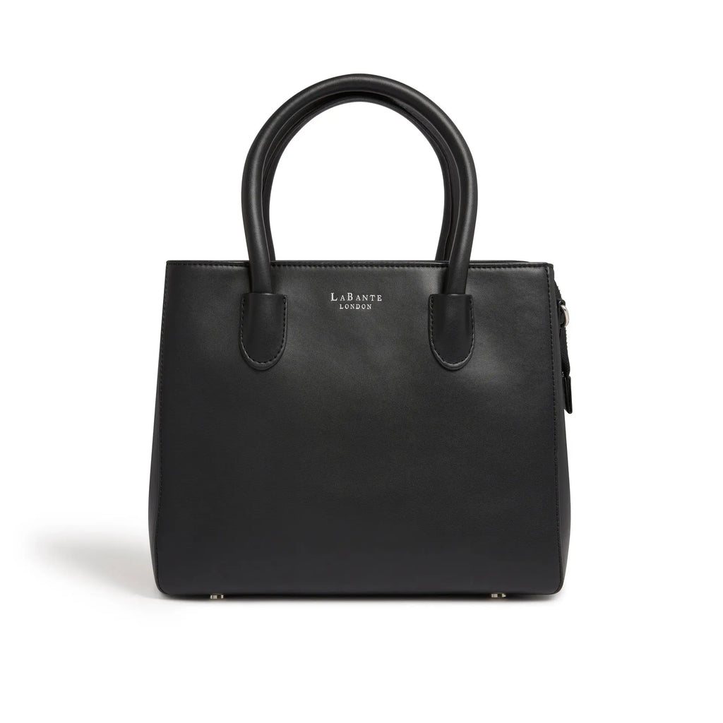 Andes Vegan Tote Bag, schwarze Handtasche mit Standboden und Frontdetail