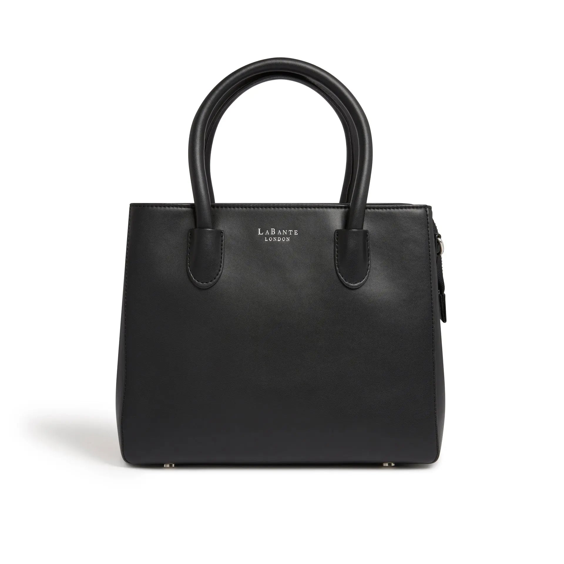 Andes Vegan Tote Bag, schwarze Handtasche mit Standboden und Frontdetail