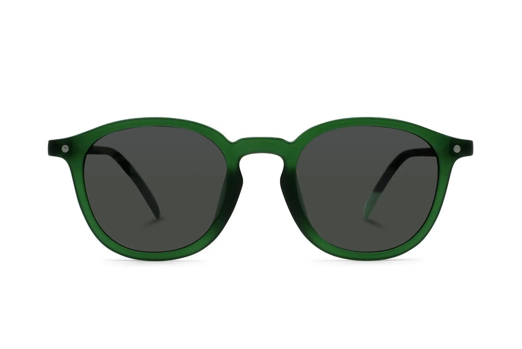 Green round sunglasses with dark lenses, front view