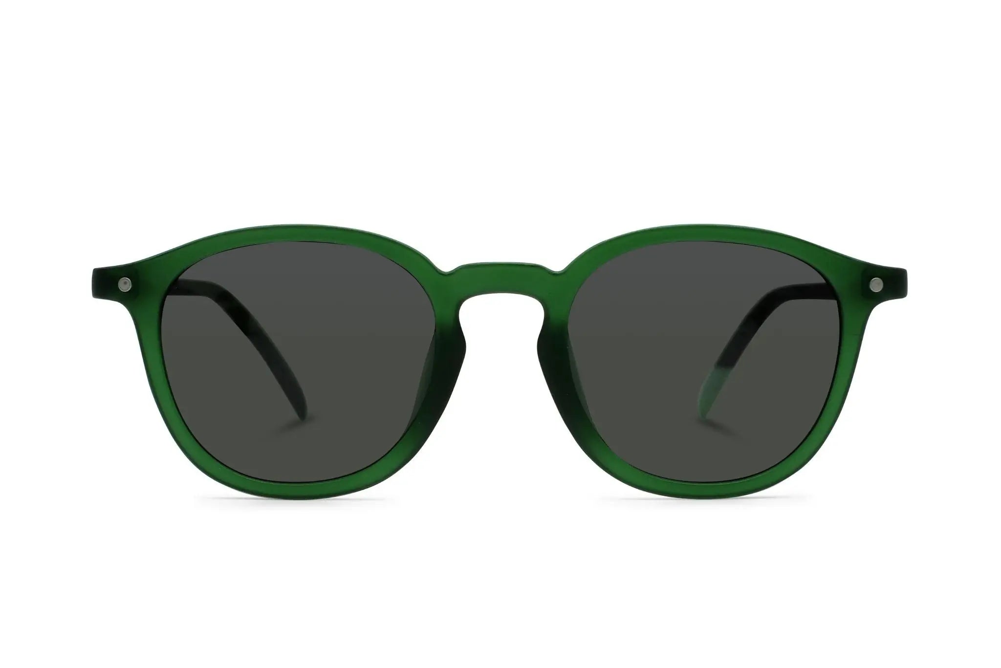 Green round sunglasses with dark lenses, front view