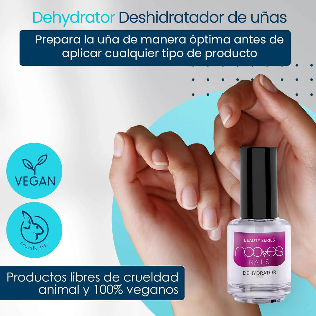 Nail dehydrator bottle beside hands, black cap and clear liquid