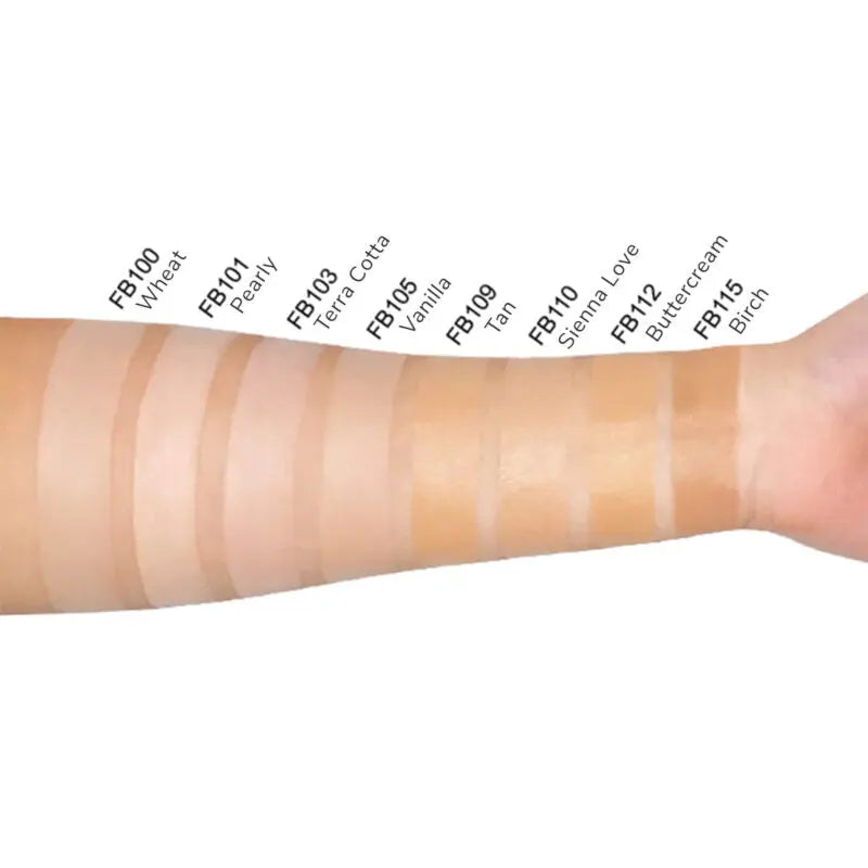 BB cream shade swatches on skin, natural coverage tones FB100–FB115