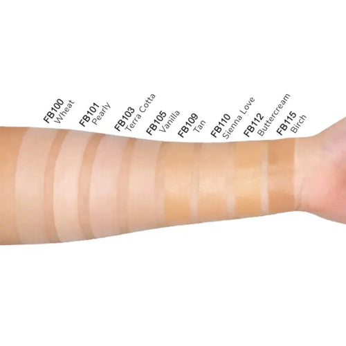 BB cream shade swatches on skin, natural coverage tones FB100–FB115