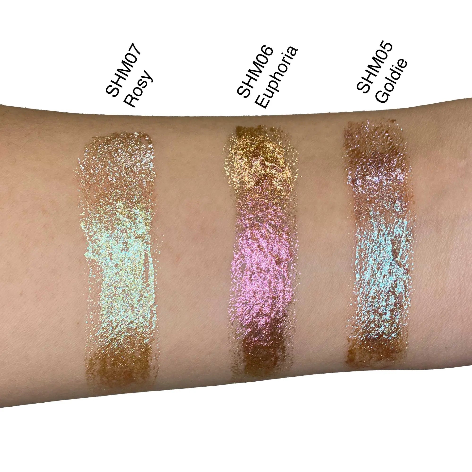 Glitter swatches: SHM07 Rosy, SHM06 Emoria, SHM05 Goldie on skin