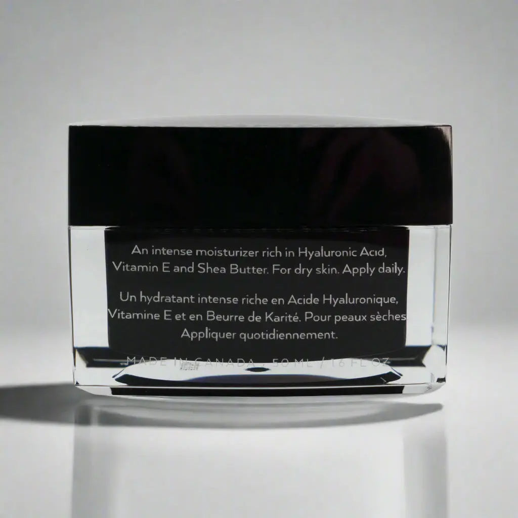 Hyaluronic moisturizer jar front panel with ingredient and usage text