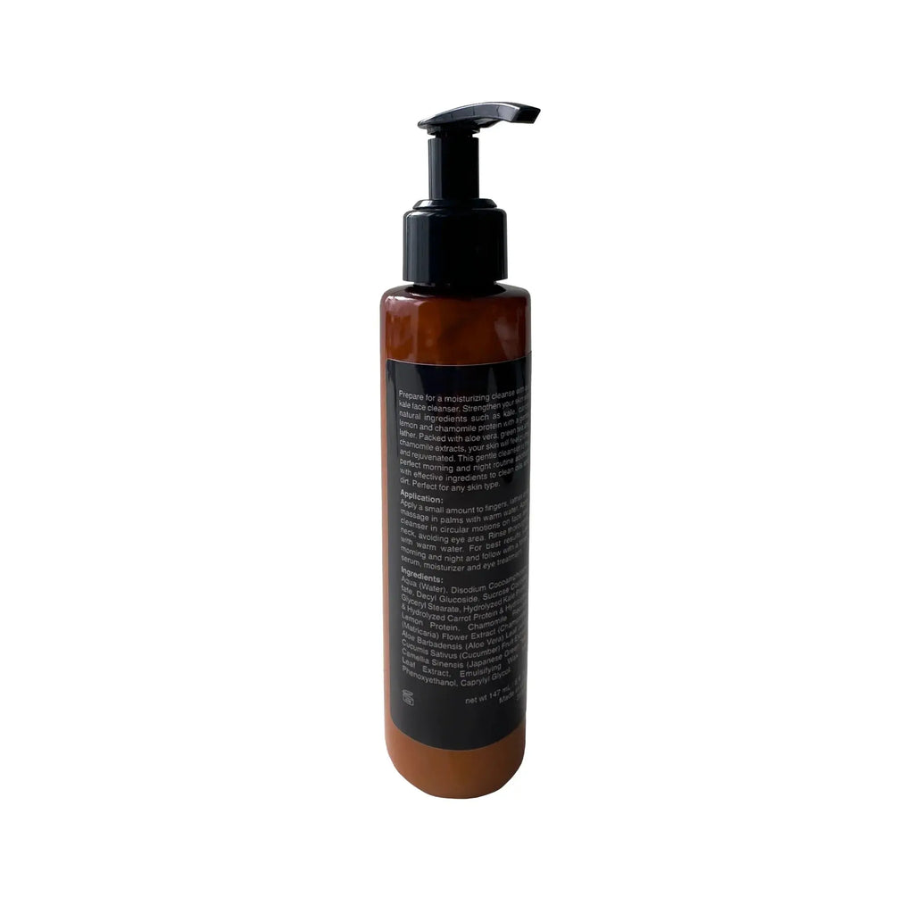 Kale Daily Cleanser bottle with black pump, amber label side view