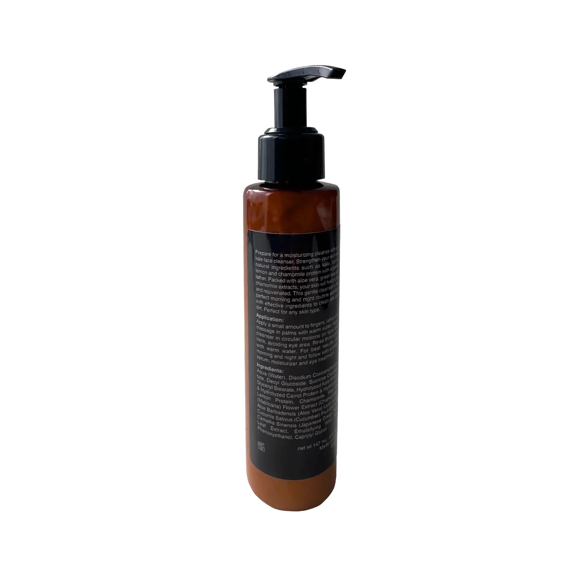 Kale Daily Cleanser bottle with black pump, amber label side view