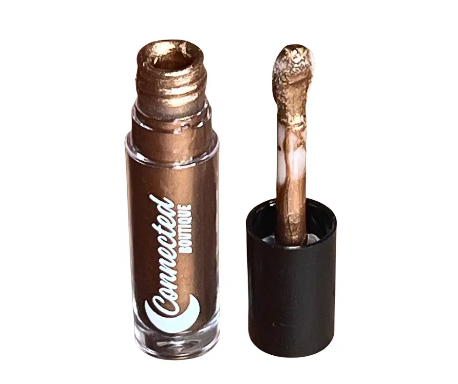 Brown metallic lip gloss with open cap and wand, bronze shimmer applicator tip
