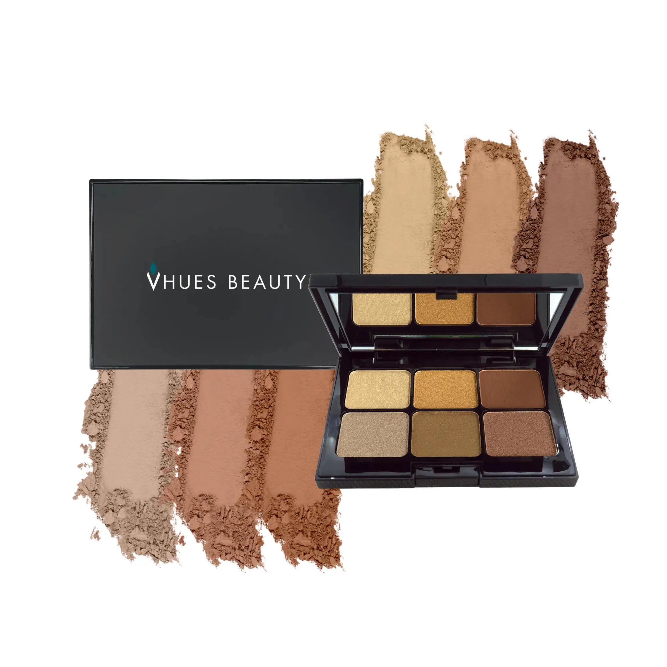 Vegan eyeshadow palette with light beige, golden browns, and shimmer highlight shades