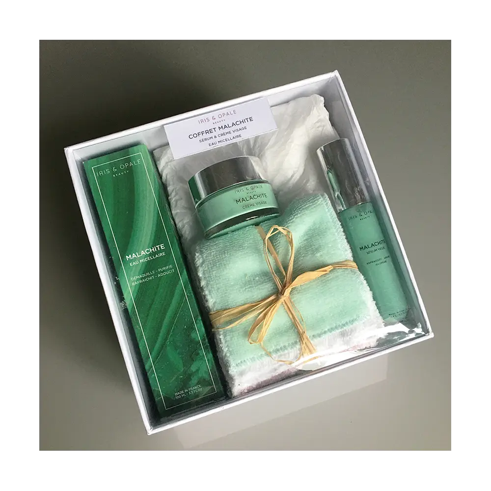 Coffret Malachite Visage : crème, sérum et eau micellaire, flacons verts