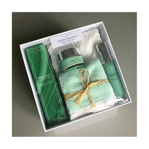 Coffret Malachite Visage : crème, sérum et eau micellaire, flacons verts