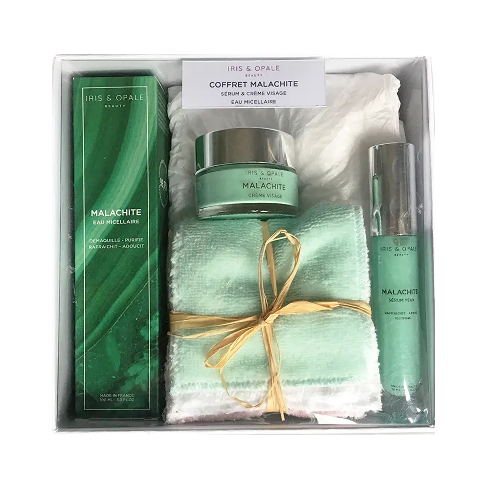 Coffret Malachite Visage : crème, sérum et eau micellaire, flacons verts