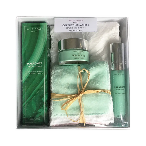 Coffret Malachite Visage : crème, sérum et eau micellaire, flacons verts