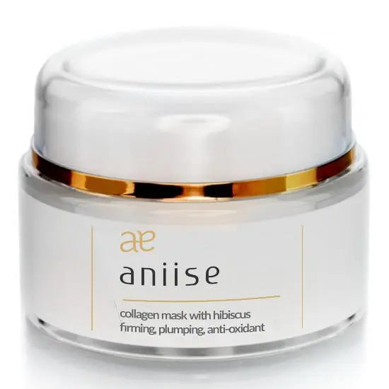 Collagen facial mask jar with hibiscus, white container and gold-banded lid