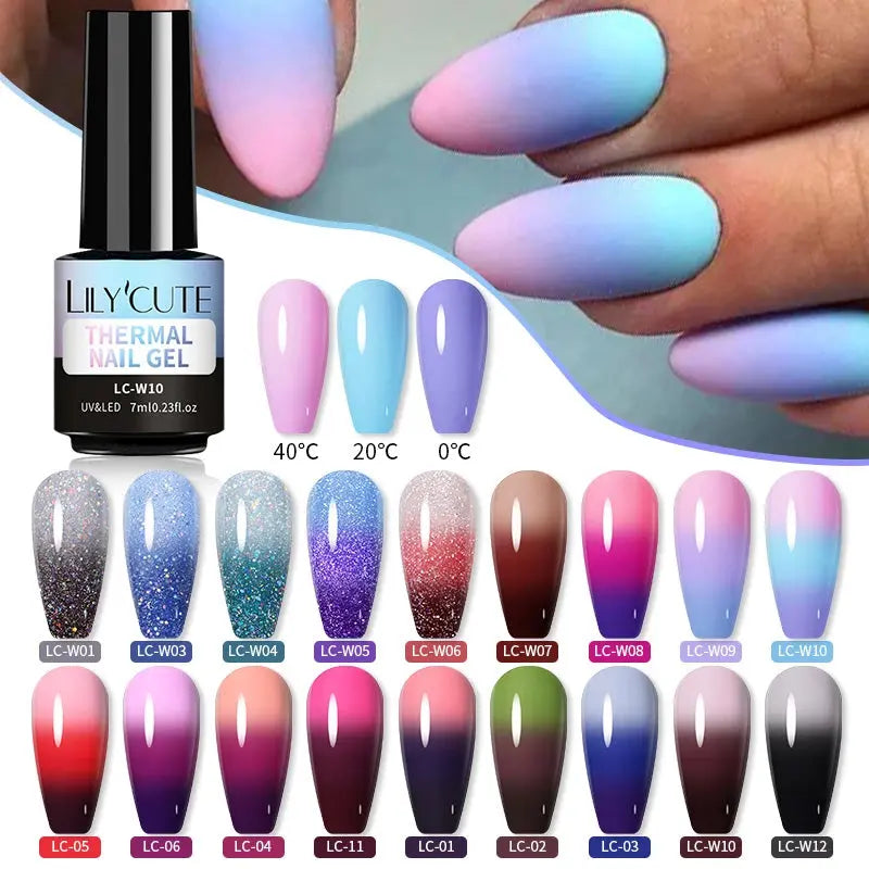 Thermal Color Gel Nail Polish LC-W10: swatches show shifts at 40°C, 20°C, 0°C