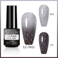 Thermal gel nail polish LC-W01: silver-gray glitter swatch, 40°C and 0°C