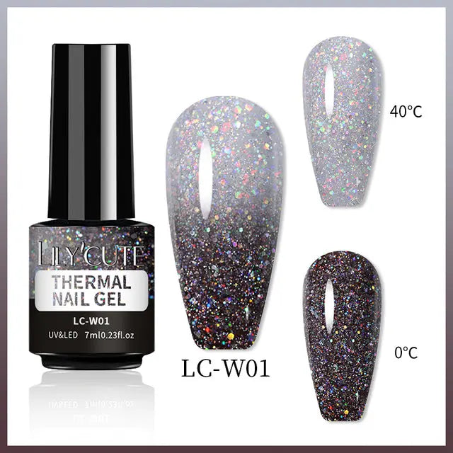 Thermal gel nail polish LC-W01: silver-gray glitter swatch, 40°C and 0°C