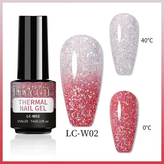Color Changing Thermal Gel Nail Polish LC-W02: glitter gel, silver-pink to red at cool