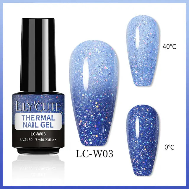 Color Changing Thermal Gel Nail Polish LC-W03: blue glitter gel, light blue to dark blue