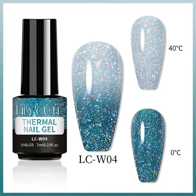 Thermal gel nail polish LC-W04: blue glitter swatch, 40°C and 0°C views
