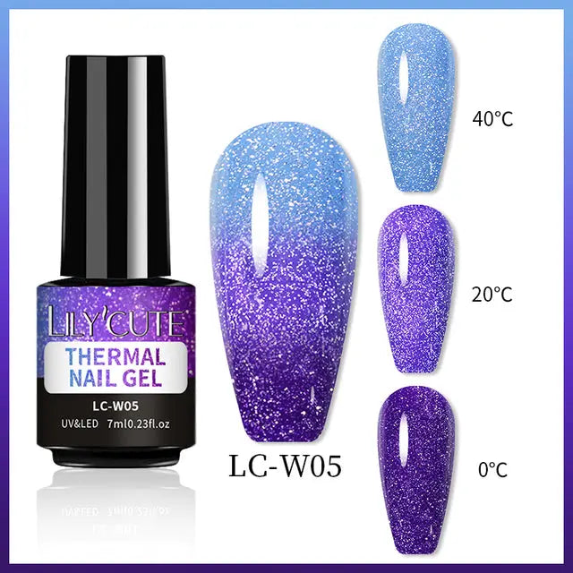 Thermal Nail Gel LC-W05: wechselt zwischen blau, lila und violett, mit Glitzer-Optik