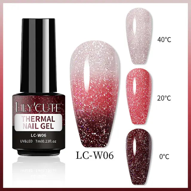 Color Changing Thermal Gel Nail Polish LC-W06: pink glitter gel to dark maroon
