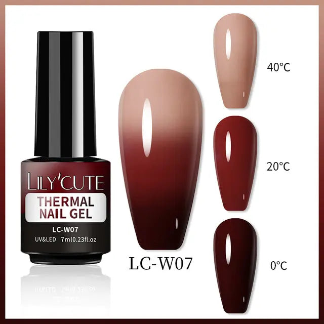 Thermal gel nail polish LC-W07: nude-to-burgundy swatch, 40°C/20°C/0°C