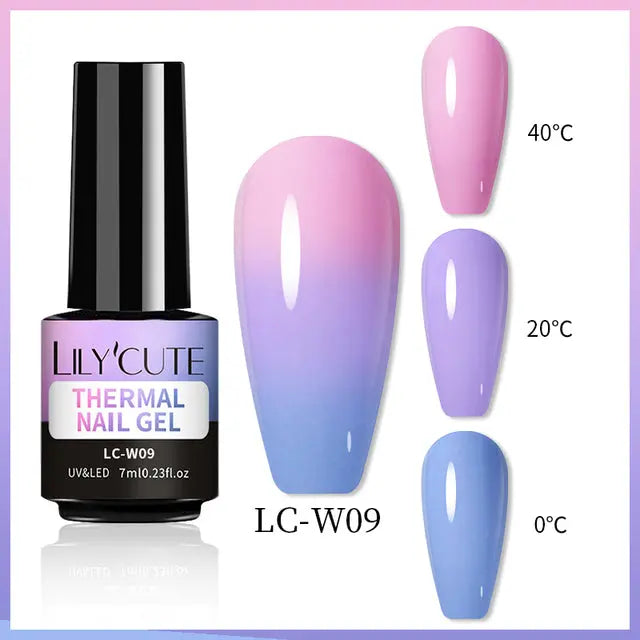 Thermal gel nail polish LC-W09: pink-to-blue gradient swatch, 40°C/20°C/0°C