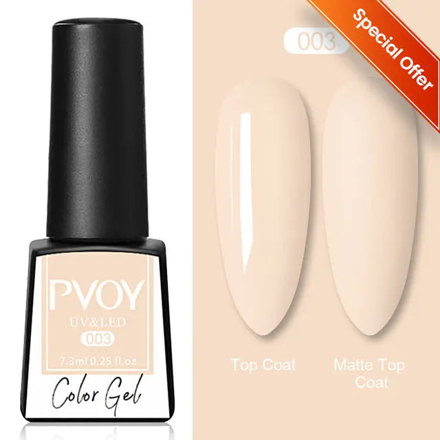 PVOVI Color Gel 003: Top Coat and Matte Top Coat bottles with nude swatches