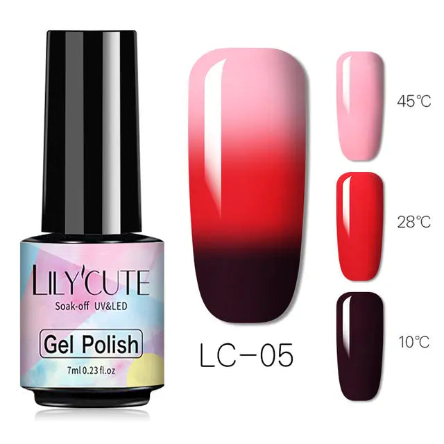 Thermo Gel Nail Polish LC-05: bottle and color-changing swatch from pink to red/near-black