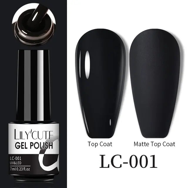 Thermal gel nail polish LC-001: black glossy and matte top coat swatches